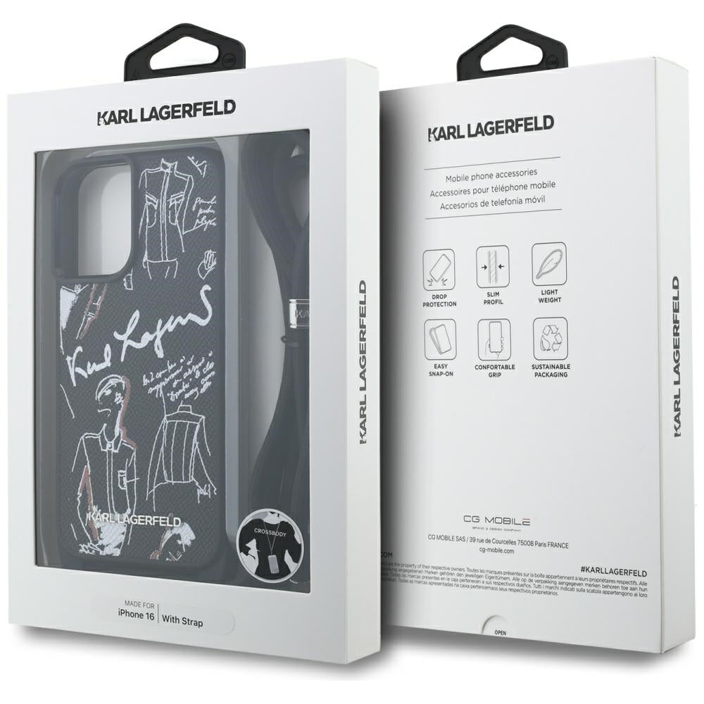 Pouzdro MagSafe pro Apple iPhone 16, Karl Lagerfeld, Saffiano Crossbody, Černá