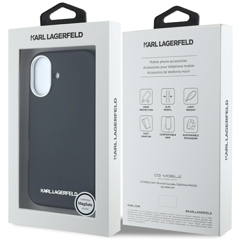 Pouzdro MagSafe pro Apple iPhone 16, Karl Lagerfeld, Saffiano Full Wrapped Elongated Metal Logo, Černá