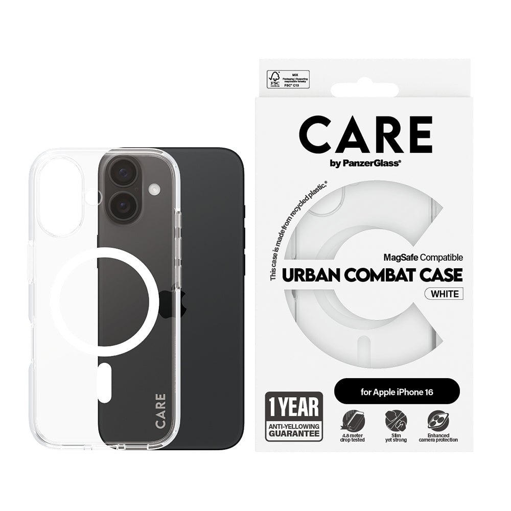 Pouzdro MagSafe pro Apple iPhone 16, PanzerGlass, Care Urban Combat, Bílá Transparentní