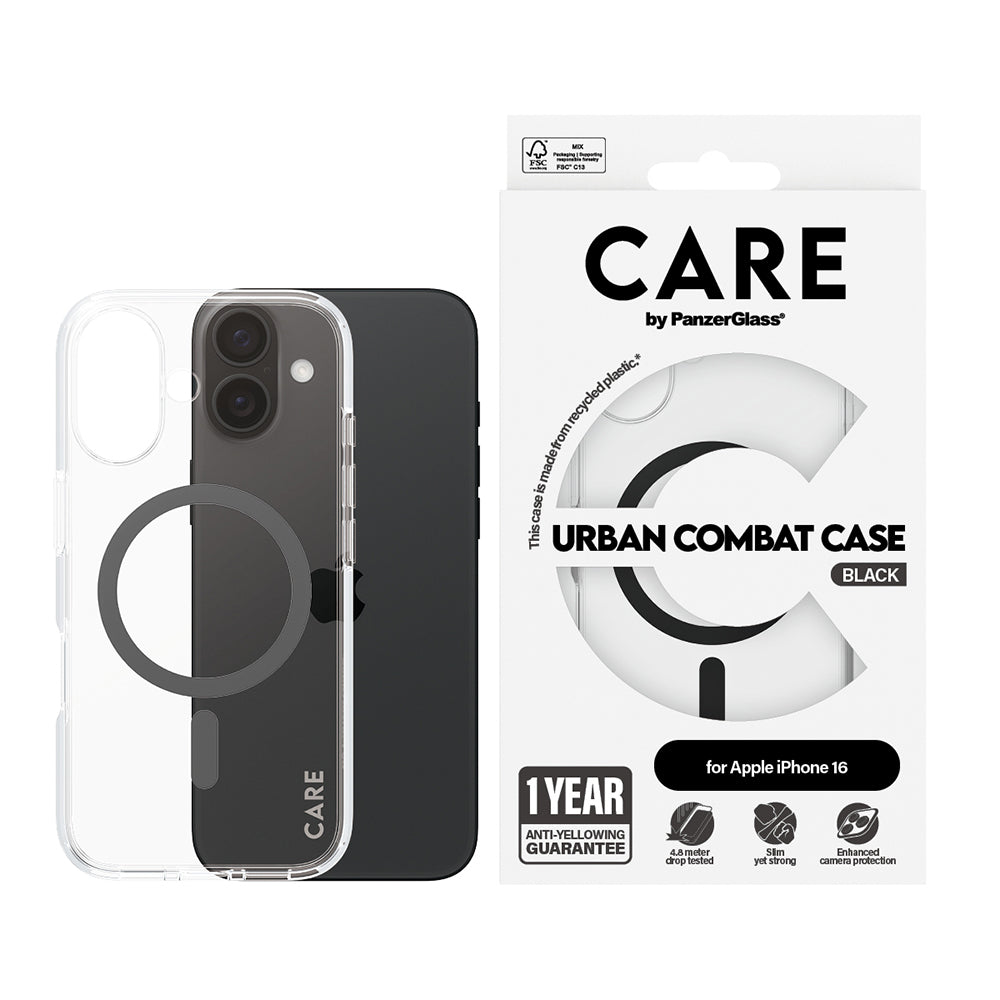 Pouzdro MagSafe pro Apple iPhone 16, PanzerGlass, Care Urban Combat, Černá průhlednost