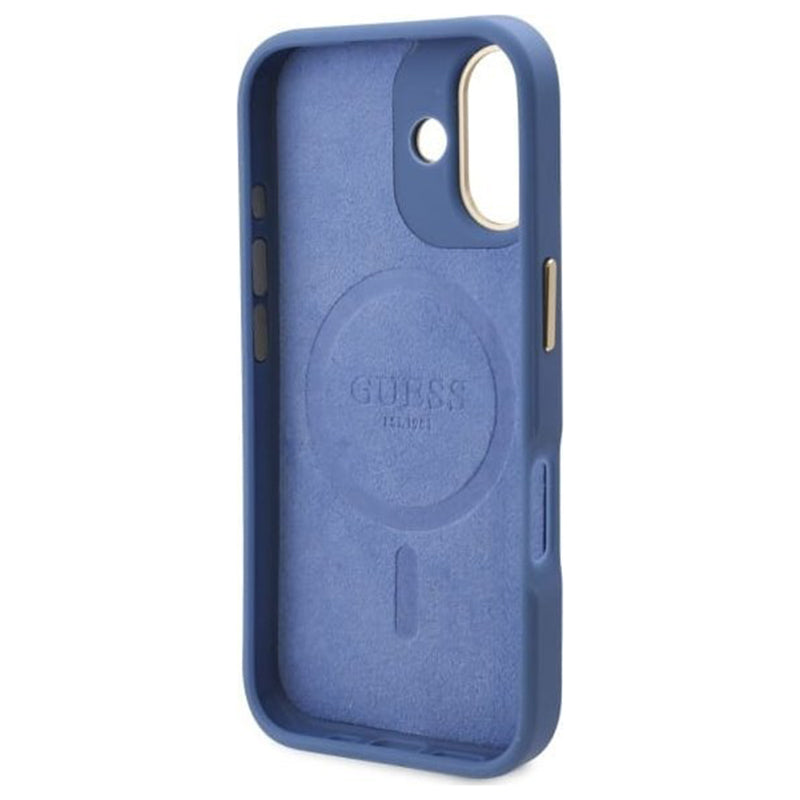 Pouzdro MagSafe pro Apple iPhone 16 Plus, Guess, 4G Logo Plate, Modrá