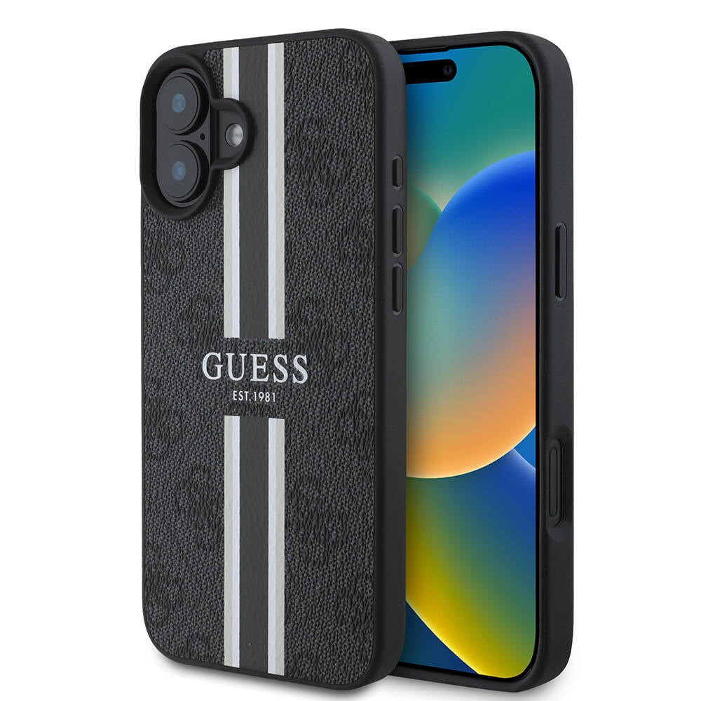 Pouzdro MagSafe pro Apple iPhone 16 Plus, Guess, 4G Printed Stripes, Černá