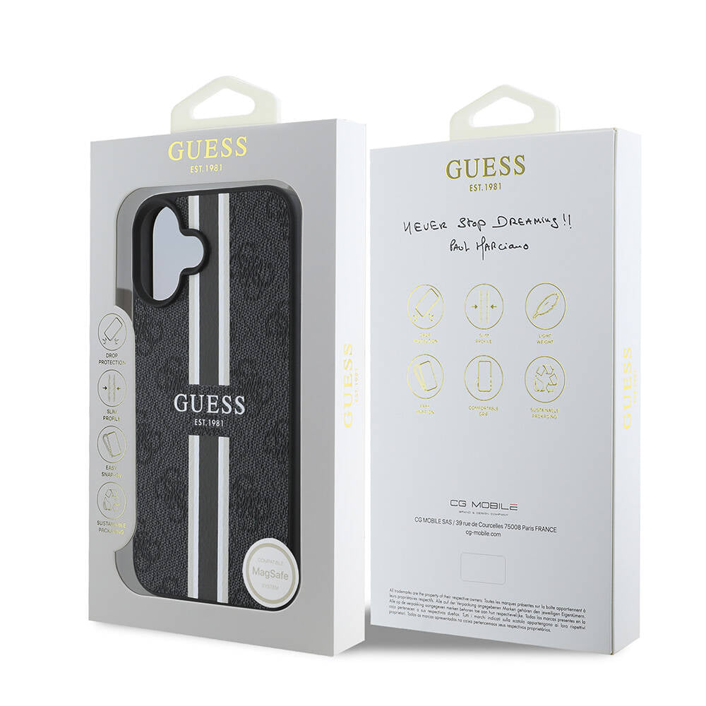 Pouzdro MagSafe pro Apple iPhone 16 Plus, Guess, 4G Printed Stripes, Černá