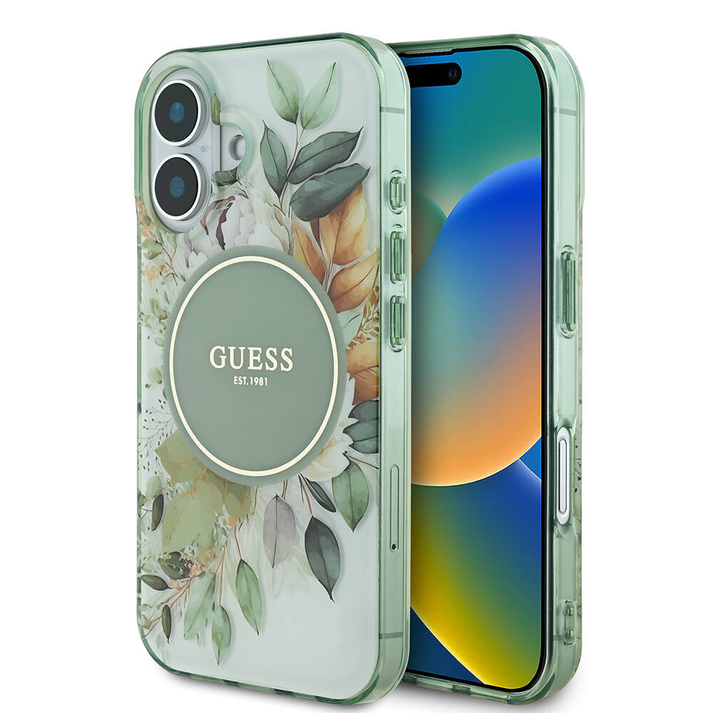 Pouzdro MagSafe pro Apple iPhone 16 Plus, Guess, IML Flower & Tonal Circle, Zelená