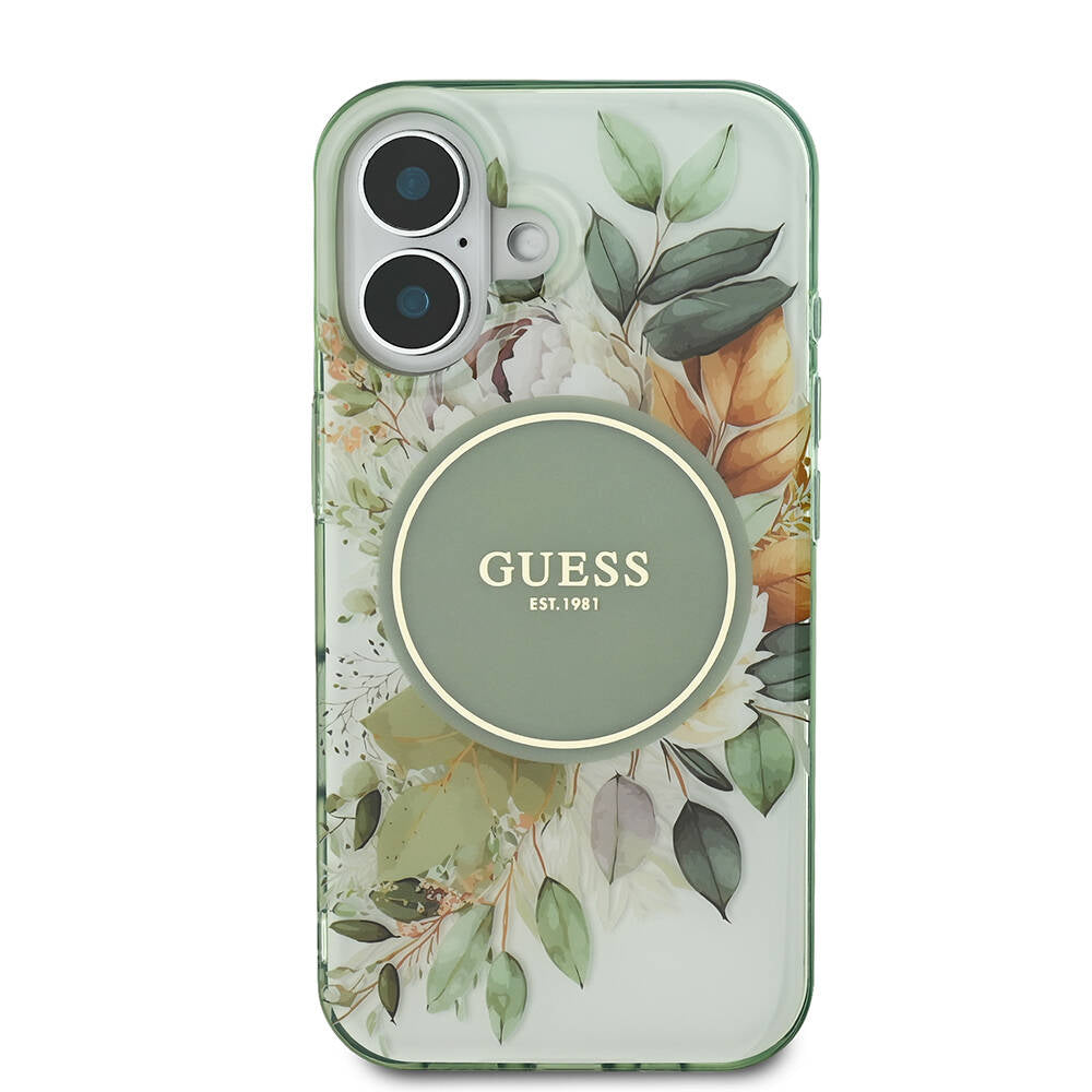 Pouzdro MagSafe pro Apple iPhone 16 Plus, Guess, IML Flower & Tonal Circle, Zelená