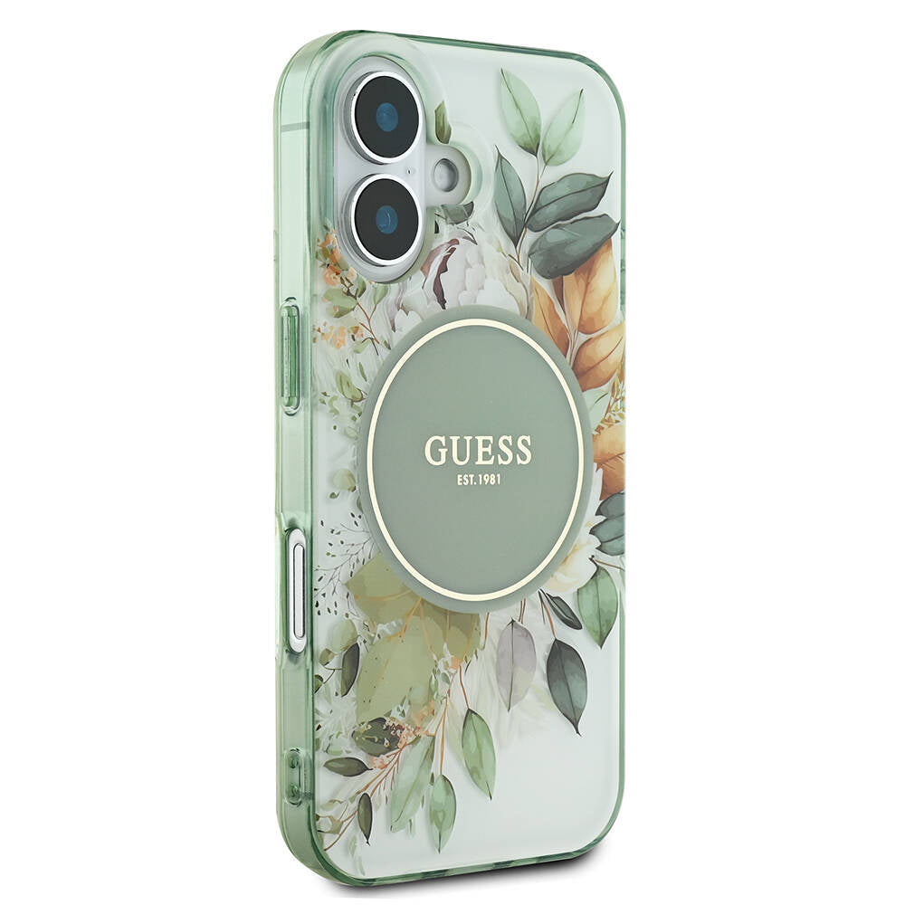 Pouzdro MagSafe pro Apple iPhone 16 Plus, Guess, IML Flower & Tonal Circle, Zelená