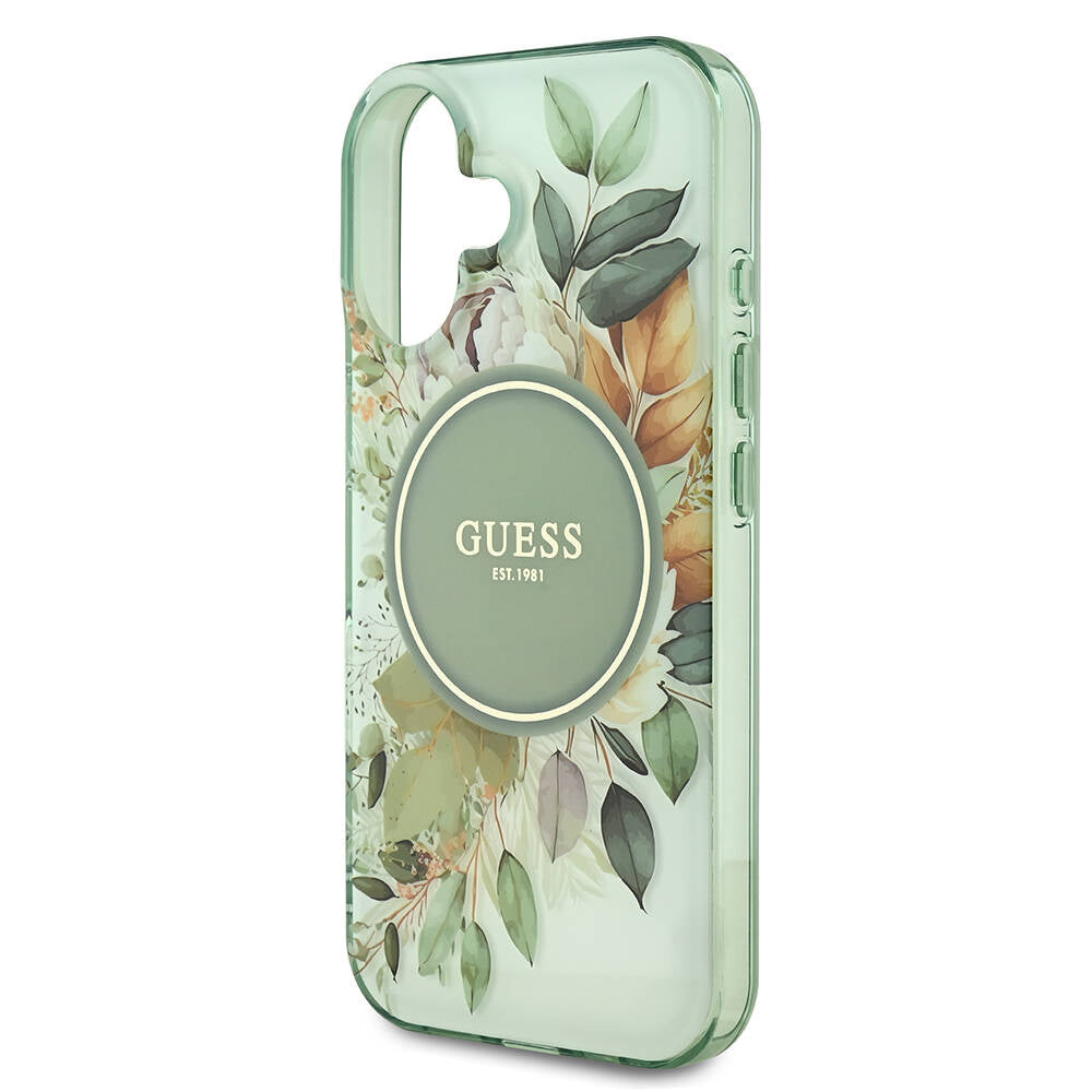 Pouzdro MagSafe pro Apple iPhone 16 Plus, Guess, IML Flower & Tonal Circle, Zelená