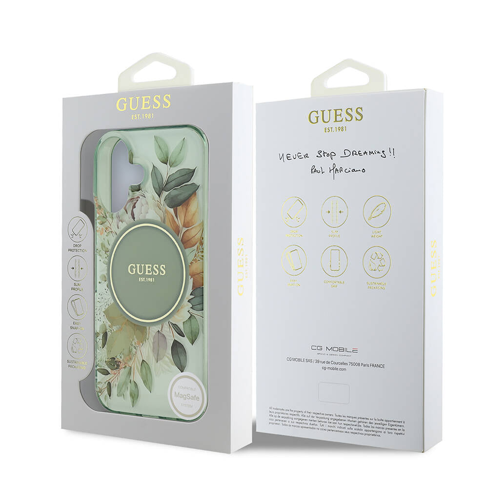 Pouzdro MagSafe pro Apple iPhone 16 Plus, Guess, IML Flower & Tonal Circle, Zelená