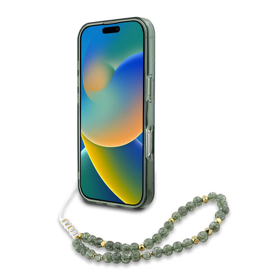 Pouzdro MagSafe pro Apple iPhone 16 Plus, Guess, IML Flowers Allover Electroplated with Pearl Strap, Zelená