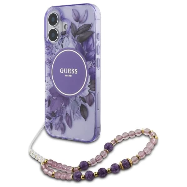 Pouzdro MagSafe pro Apple iPhone 16 Plus, Guess, IML Flowers with Pearl Strap, Fialová