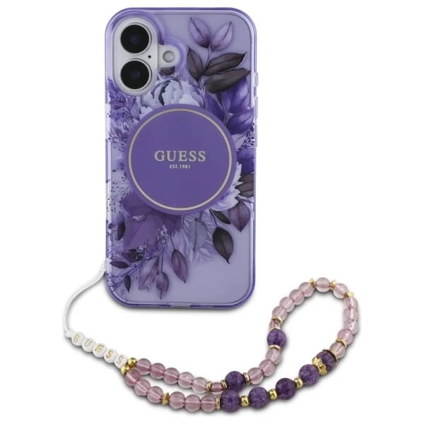 Pouzdro MagSafe pro Apple iPhone 16 Plus, Guess, IML Flowers with Pearl Strap, Fialová
