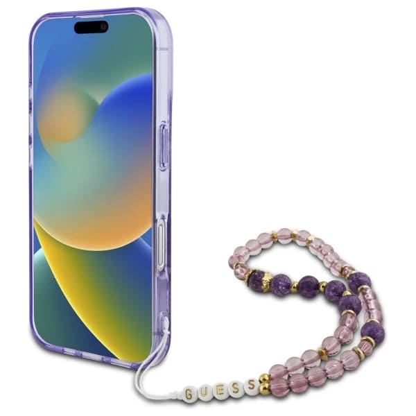 Pouzdro MagSafe pro Apple iPhone 16 Plus, Guess, IML Flowers with Pearl Strap, Fialová