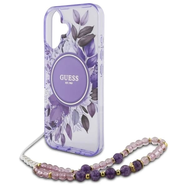 Pouzdro MagSafe pro Apple iPhone 16 Plus, Guess, IML Flowers with Pearl Strap, Fialová