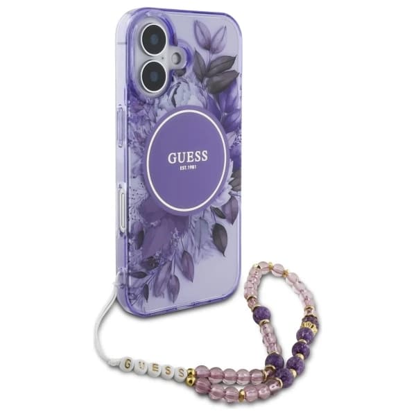 Pouzdro MagSafe pro Apple iPhone 16 Plus, Guess, IML Flowers with Pearl Strap, Fialová