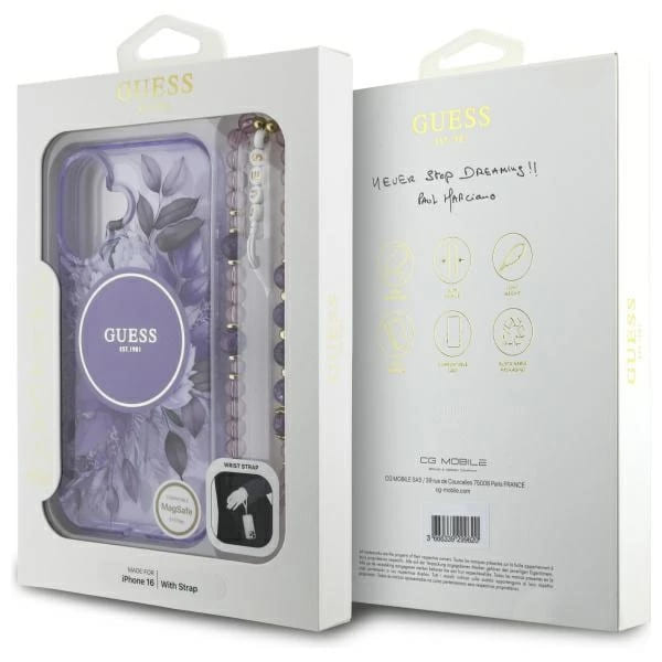 Pouzdro MagSafe pro Apple iPhone 16 Plus, Guess, IML Flowers with Pearl Strap, Fialová