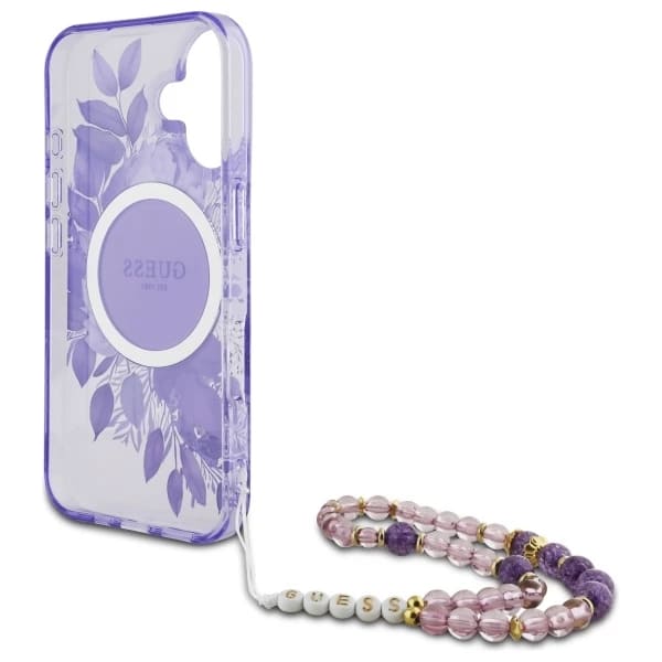 Pouzdro MagSafe pro Apple iPhone 16 Plus, Guess, IML Flowers with Pearl Strap, Fialová