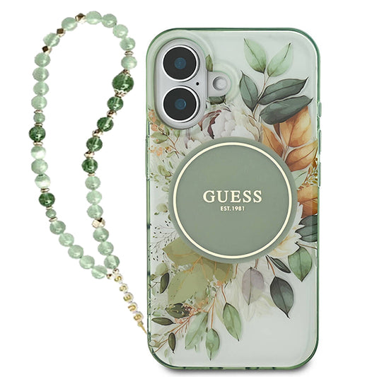 Pouzdro MagSafe pro Apple iPhone 16 Plus, Guess, IML Flowers with Pearl Strap, Zelená