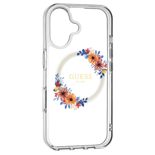 Pouzdro MagSafe pro Apple iPhone 16 Plus, Guess, IML Flowers Wreath, Průhledné