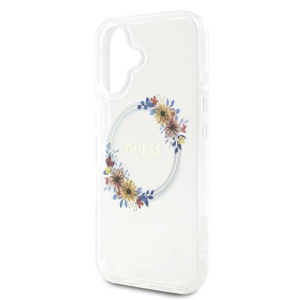 Pouzdro MagSafe pro Apple iPhone 16 Plus, Guess, IML Flowers Wreath, Průhledné