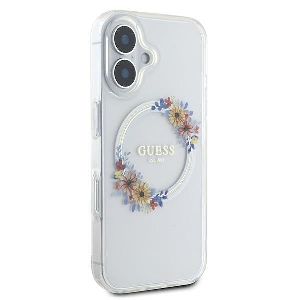 Pouzdro MagSafe pro Apple iPhone 16 Plus, Guess, IML Flowers Wreath, Průhledné