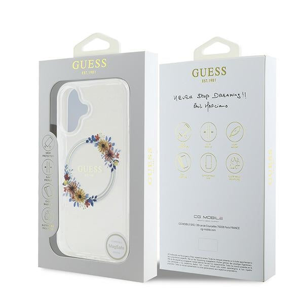 Pouzdro MagSafe pro Apple iPhone 16 Plus, Guess, IML Flowers Wreath, Průhledné