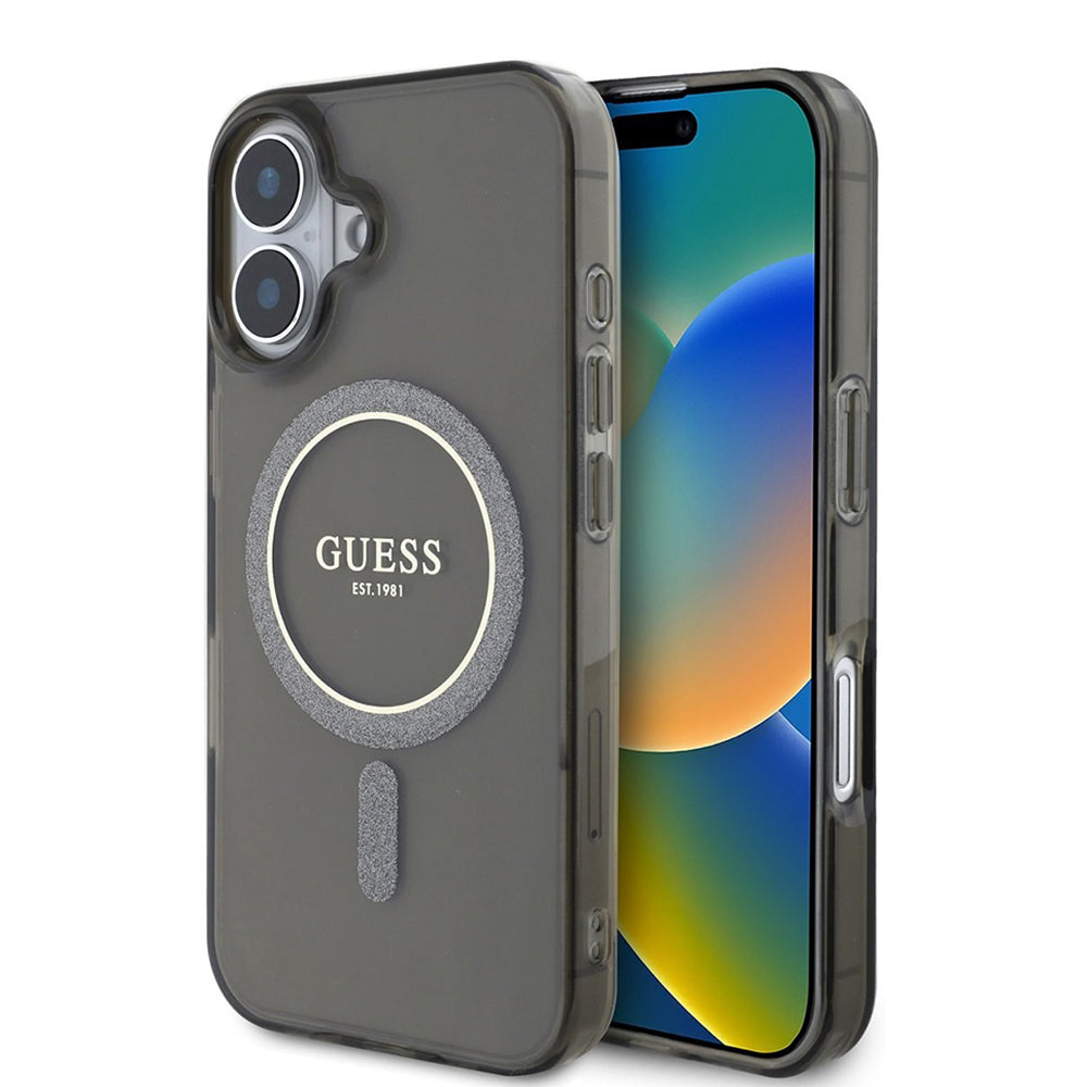 Pouzdro MagSafe pro Apple iPhone 16 Plus, Guess, IML Glitter Circle, Černá