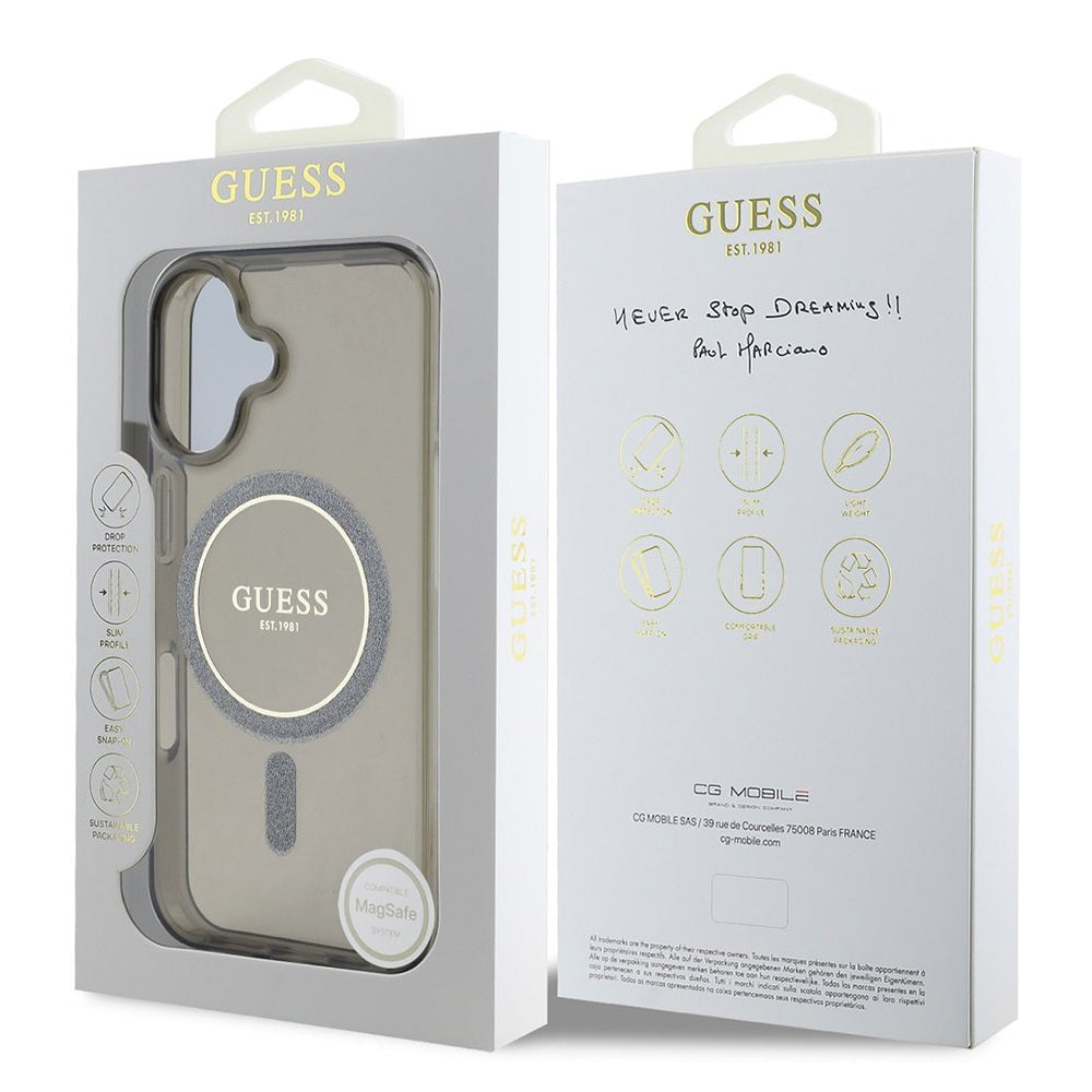 Pouzdro MagSafe pro Apple iPhone 16 Plus, Guess, IML Glitter Circle, Černá