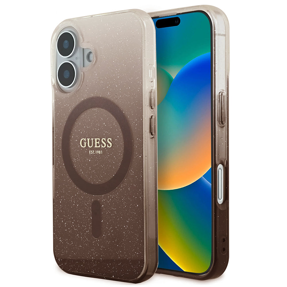Pouzdro MagSafe pro Apple iPhone 16 Plus, Guess, IML Glitter Gradient, Hnědá