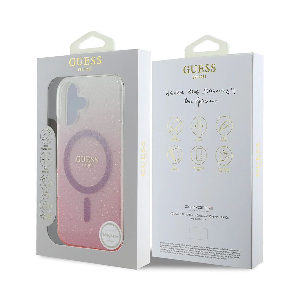 Pouzdro MagSafe pro Apple iPhone 16 Plus, Guess, IML Glitter Gradient, Hnědá
