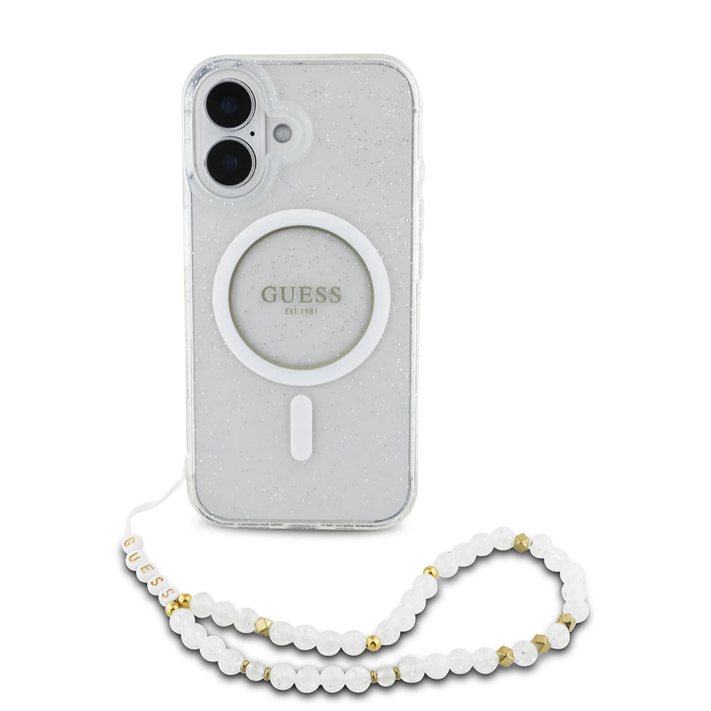 Pouzdro MagSafe pro Apple iPhone 16 Plus, Guess, IML Glitter with Pearl Strap, Transparentní
