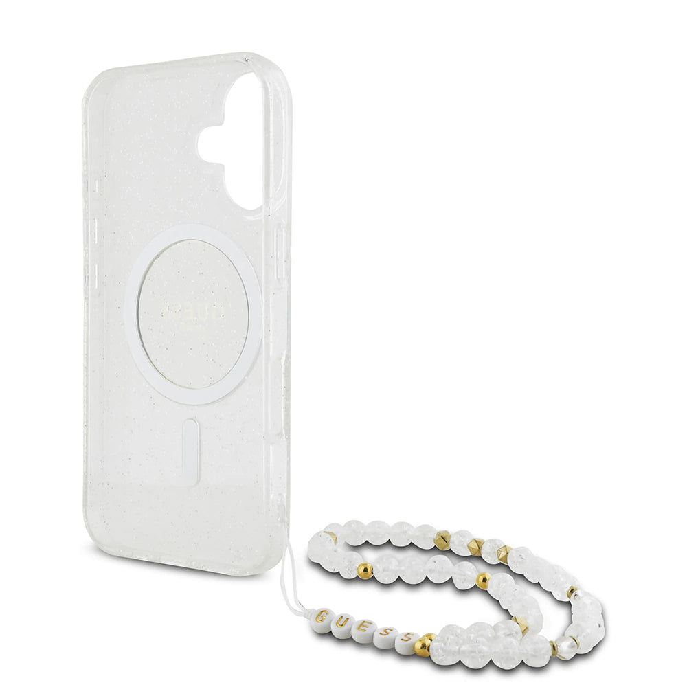 Pouzdro MagSafe pro Apple iPhone 16 Plus, Guess, IML Glitter with Pearl Strap, Transparentní