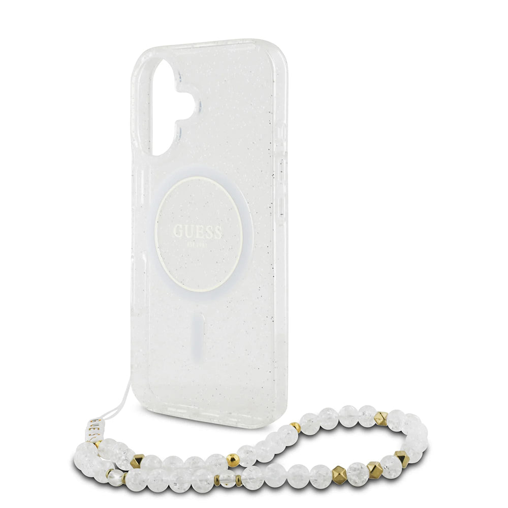Pouzdro MagSafe pro Apple iPhone 16 Plus, Guess, IML Glitter with Pearl Strap, Transparentní