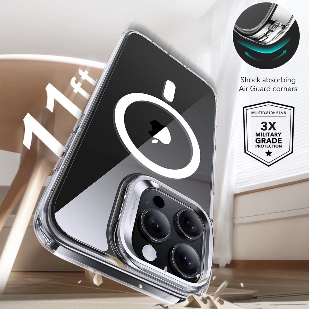 Pouzdro MagSafe pro Apple iPhone 16 Pro, ESR, Classic Hybrid Kickstand s ochranným sklem, Průhledné