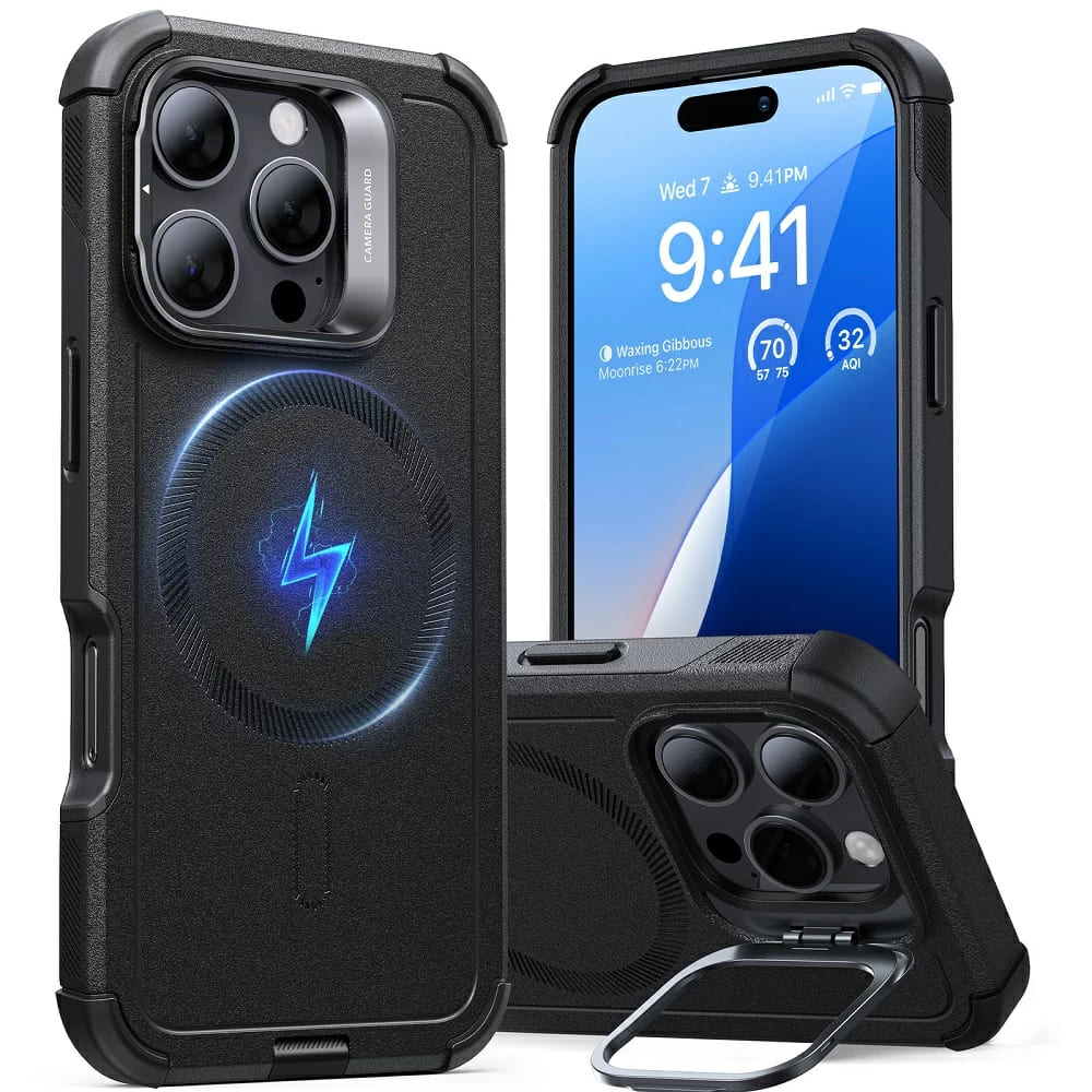 Pouzdro MagSafe pro Apple iPhone 16 Pro, ESR, Cyber Armor Kickstand, Černá