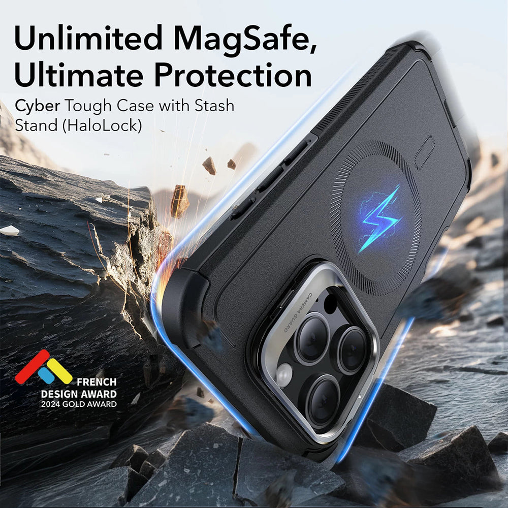 Pouzdro MagSafe pro Apple iPhone 16 Pro, ESR, Cyber Armor Kickstand, Černá