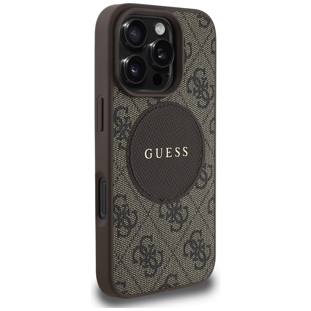 Pouzdro MagSafe pro Apple iPhone 16 Pro, Guess, 4G Circle Classic Logo, hnědá