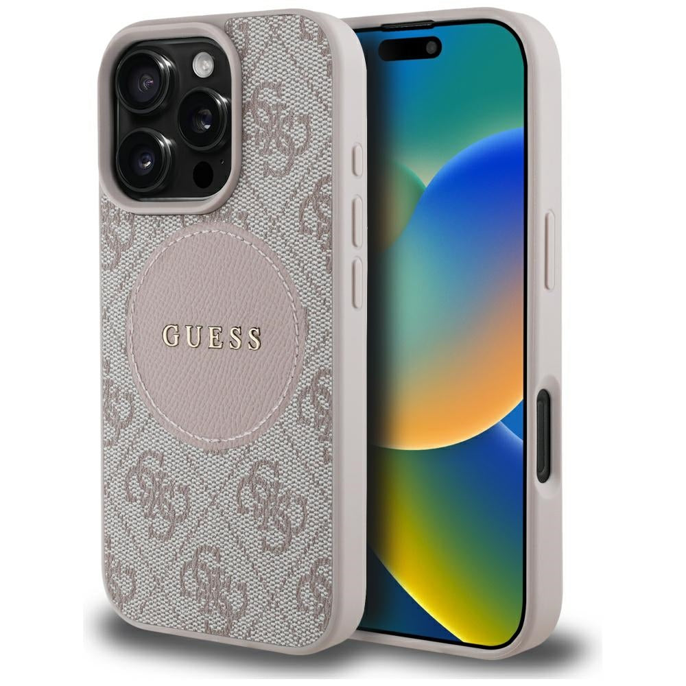 Pouzdro MagSafe pro Apple iPhone 16 Pro, Guess, 4G Circle Classic Logo, Růžové