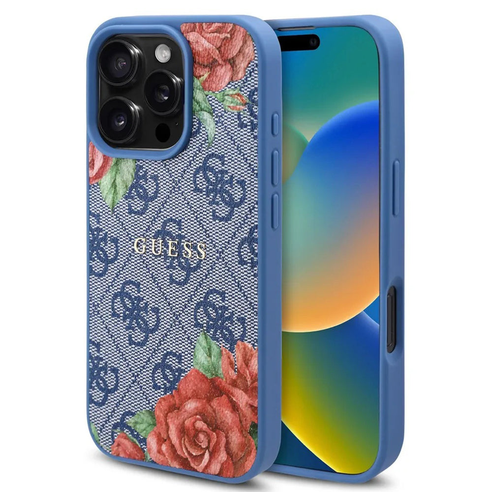 Pouzdro MagSafe pro Apple iPhone 16 Pro, Guess, 4G Flowers Print, Modrá