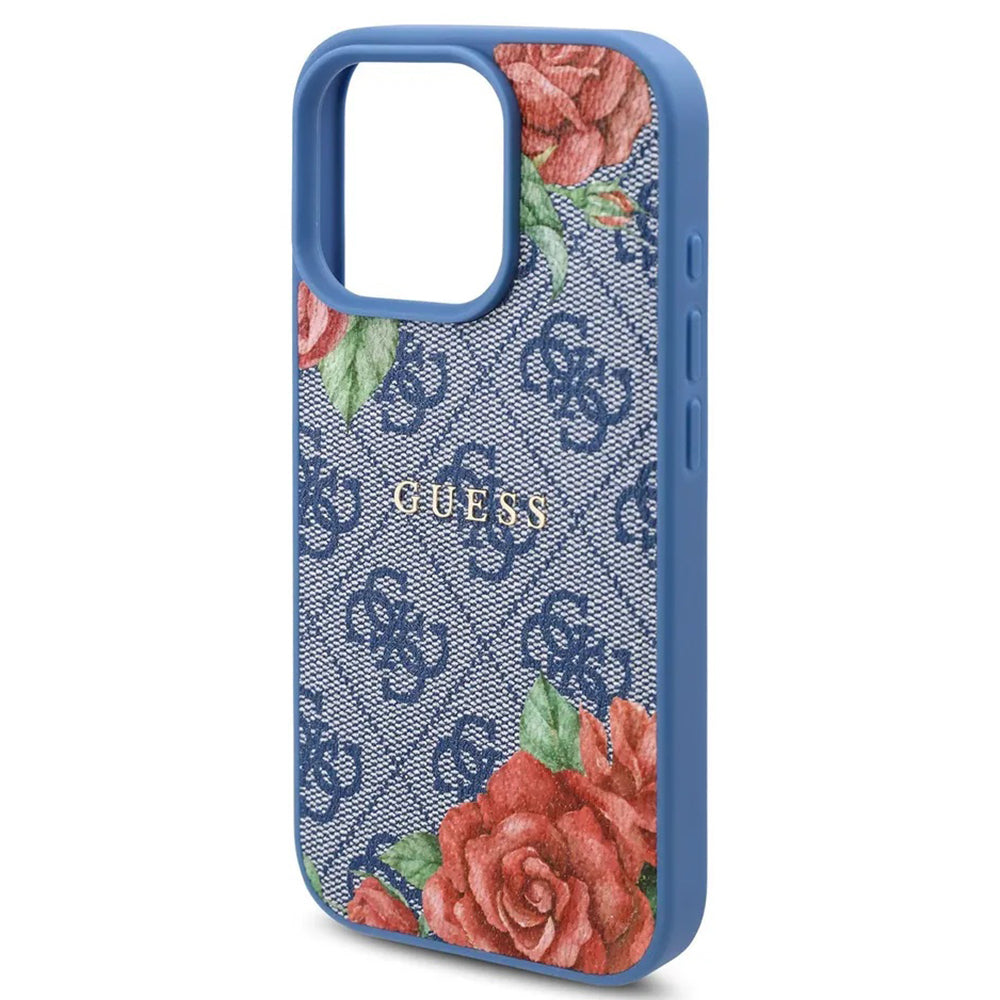 Pouzdro MagSafe pro Apple iPhone 16 Pro, Guess, 4G Flowers Print, Modrá