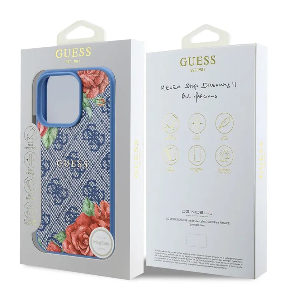 Pouzdro MagSafe pro Apple iPhone 16 Pro, Guess, 4G Flowers Print, Modrá