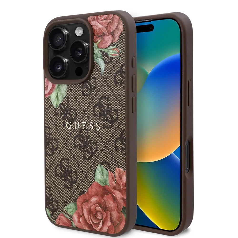 Pouzdro MagSafe pro Apple iPhone 16 Pro, Guess, 4G Flowers Print, Hnědá