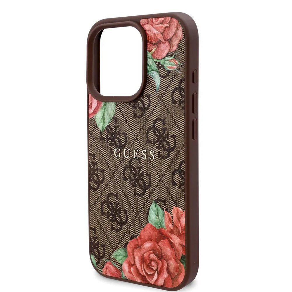 Pouzdro MagSafe pro Apple iPhone 16 Pro, Guess, 4G Flowers Print, Hnědá