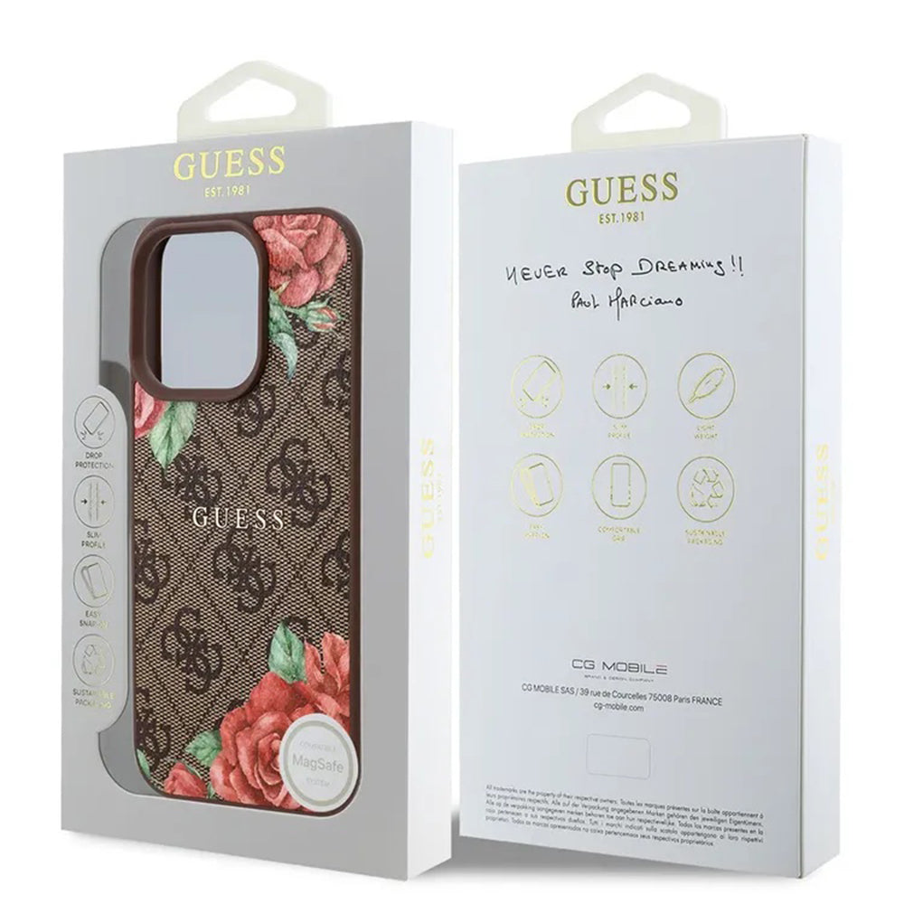 Pouzdro MagSafe pro Apple iPhone 16 Pro, Guess, 4G Flowers Print, Hnědá