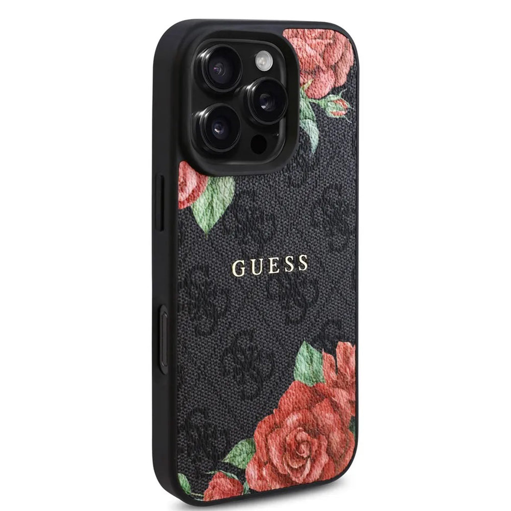 Pouzdro MagSafe pro Apple iPhone 16 Pro, Guess, 4G Flowers Print, Černá