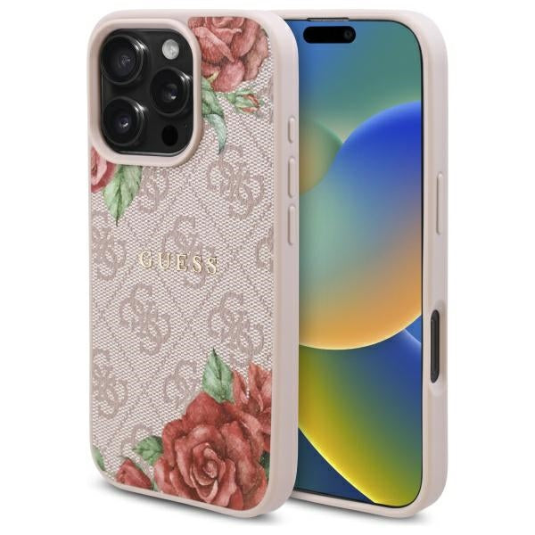 Pouzdro MagSafe pro Apple iPhone 16 Pro, Guess, 4G Flowers Print, Růžové