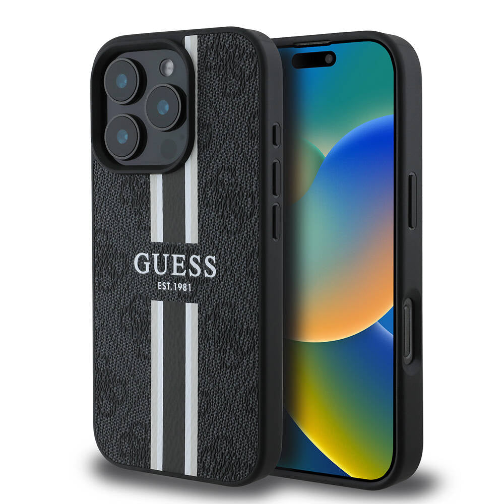 Pouzdro MagSafe pro Apple iPhone 16 Pro, Guess, 4G Printed Stripes, Černá