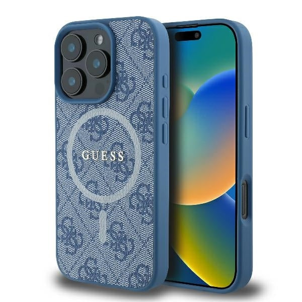 Pouzdro MagSafe pro Apple iPhone 16 Pro, Guess, 4G Ring Classic Logo, Modrá