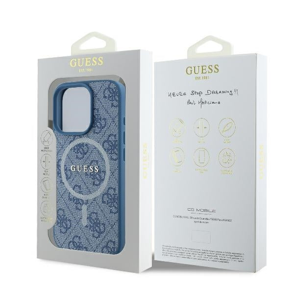Pouzdro MagSafe pro Apple iPhone 16 Pro, Guess, 4G Ring Classic Logo, Modrá