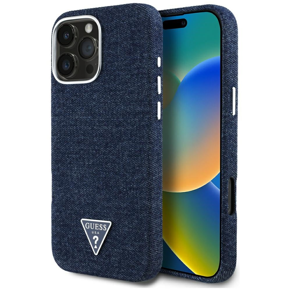 Pouzdro MagSafe pro Apple iPhone 16 Pro, Guess, Denim Triangle Logo, Modrá