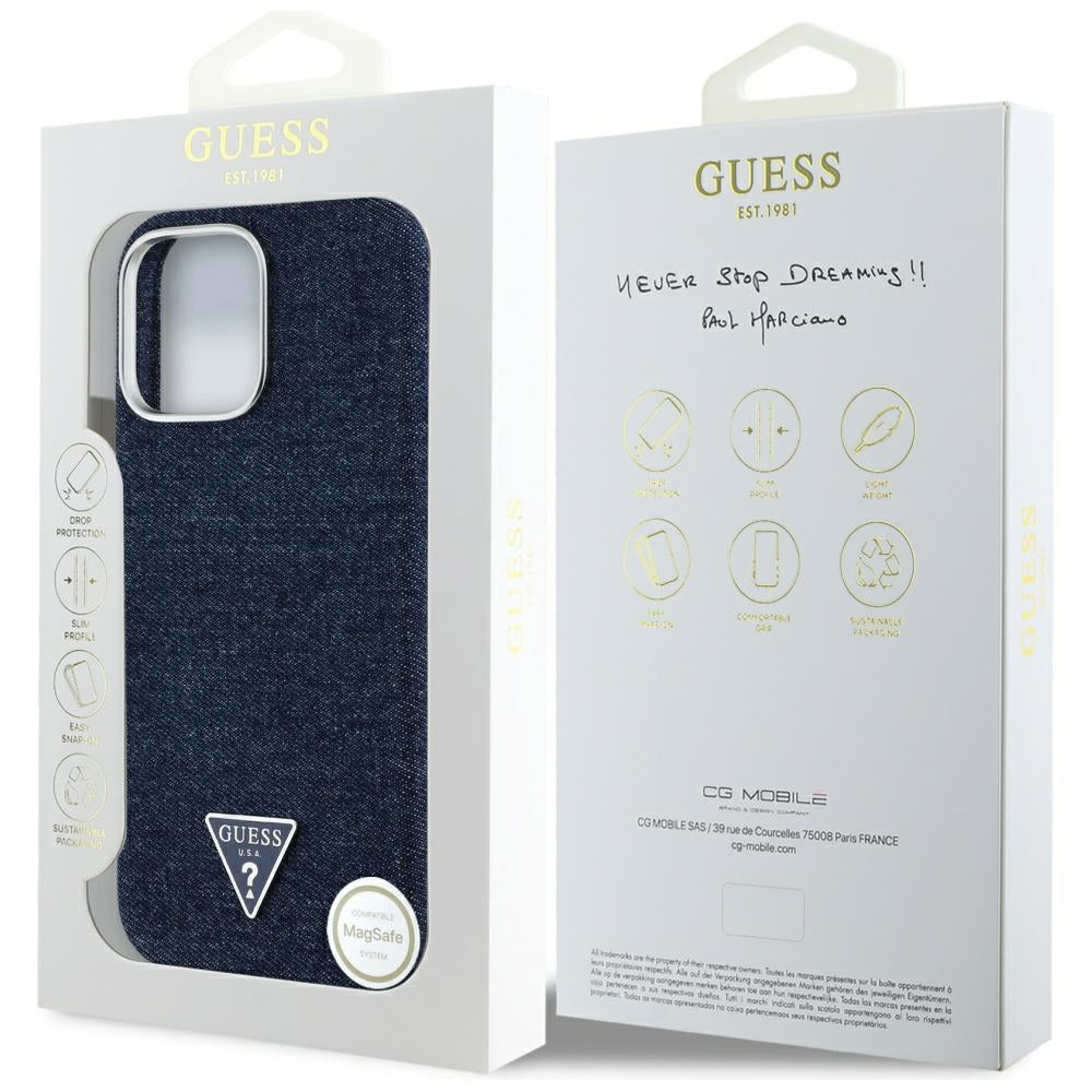 Pouzdro MagSafe pro Apple iPhone 16 Pro, Guess, Denim Triangle Logo, Modrá